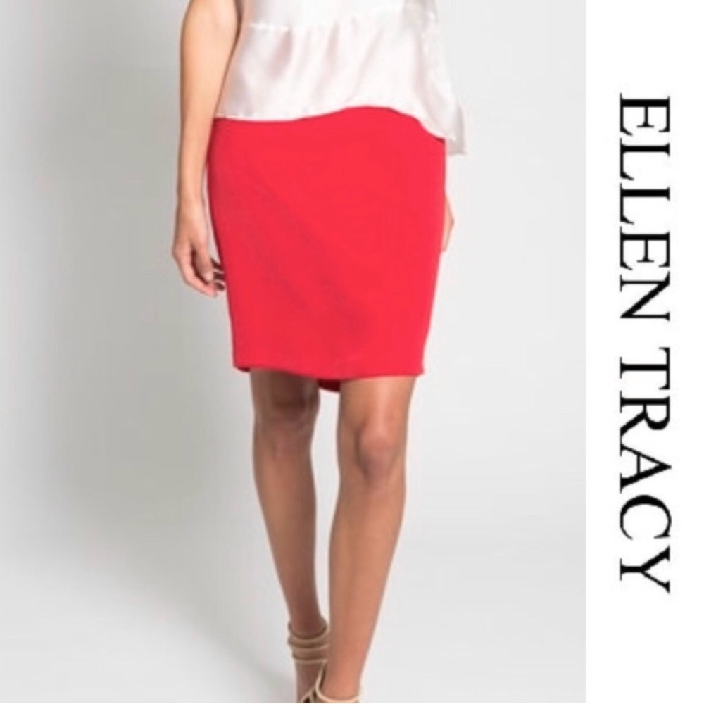 💯 SILK {ELLEN TRACY} Luxe Red Pencil Skirt • Size 8